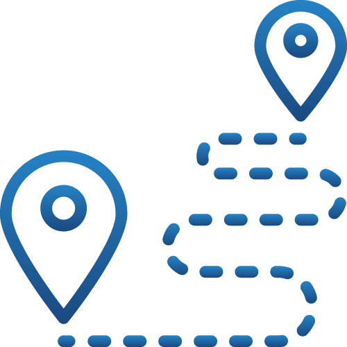 Two map markers connected by a wavy dotted line