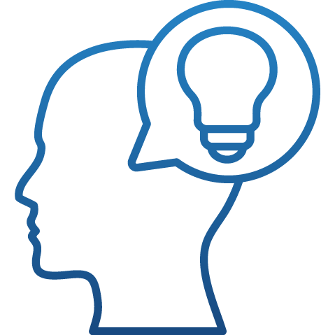 Icon of a speech bubble contain a lightbulb originating from a head